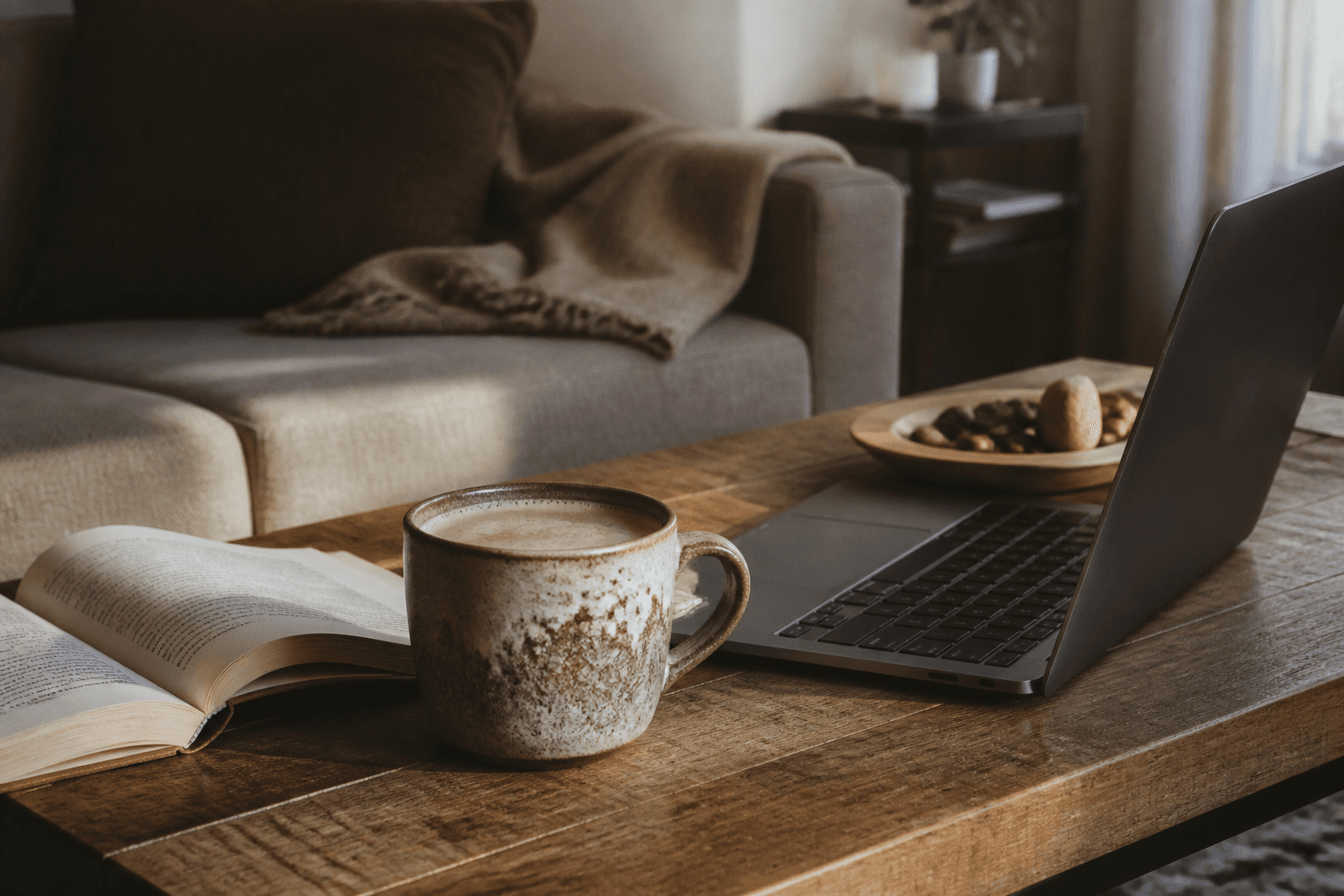 Hojicha latte beside a book and laptop at home