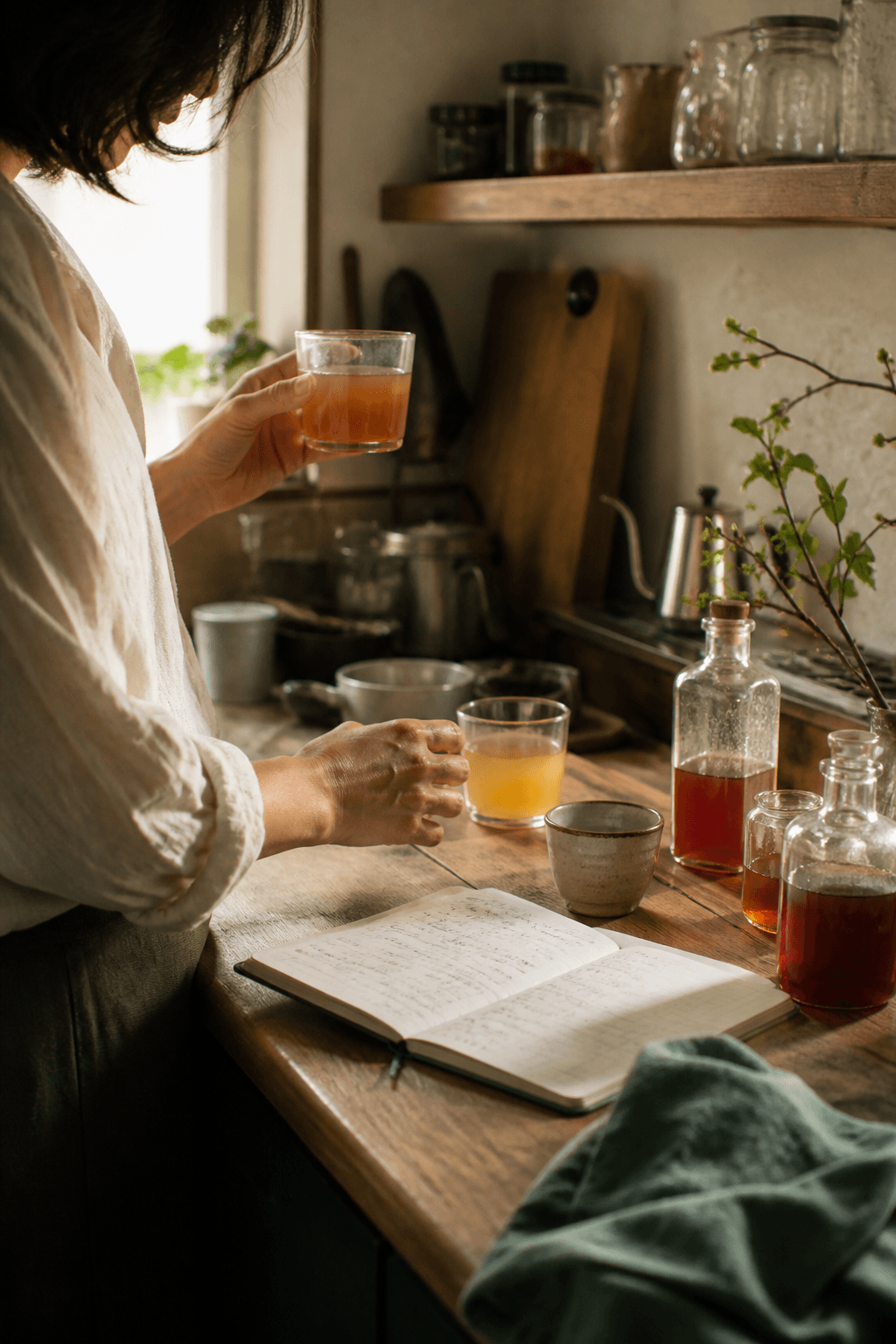 A tea maker tasting and comparing concentrates in a warm home kitchen