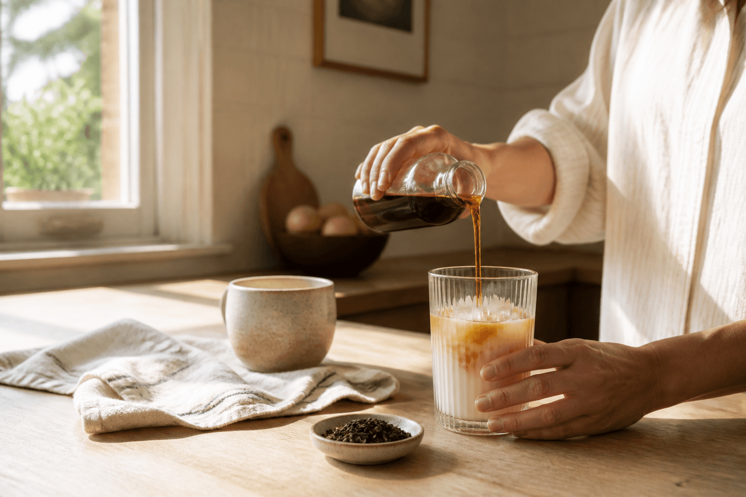 Tea concentrate poured into an iced milk tea in a warm home kitchen