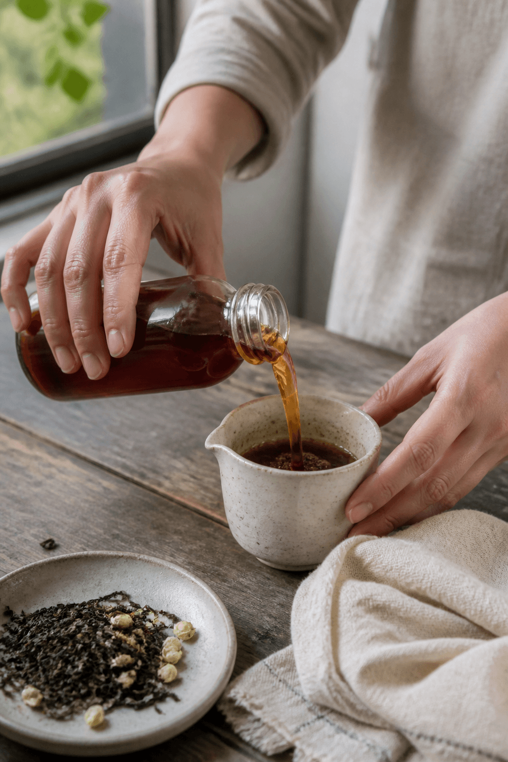 Hands pouring rich tea concentrate into a ceramic vessel